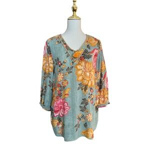 Soft Surroundings Womens XS Teal Floral Tassel V-Neck 3/4 Sleeve Boho Tunic Top